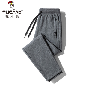 啄木鸟加绒加厚休闲裤男款秋冬季宽松直筒大码纯棉保暖束脚运动裤
