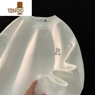 YANXU华夫格男士长袖t恤新款潮牌圆领印花休闲卫衣服宽松打底衫