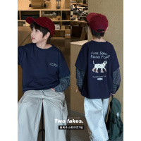 童酷男童秋款帅气小狗印花中小童上衣时尚格子假两件儿童T恤