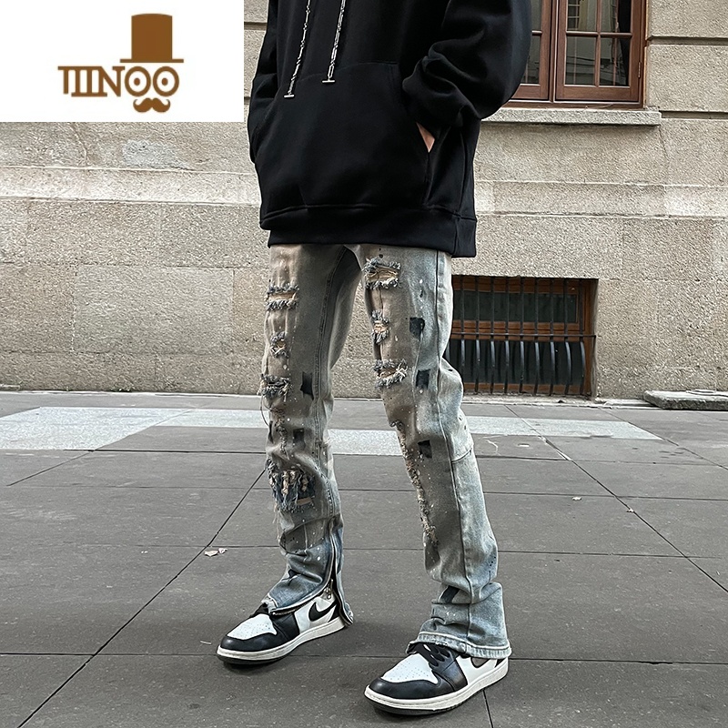 YANXU欧美高街破洞水洗做旧开叉牛仔裤男ins潮牌嘻哈宽松直筒小脚长裤