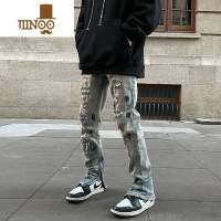 YANXU欧美高街破洞水洗做旧开叉牛仔裤男ins潮牌嘻哈宽松直筒小脚长裤