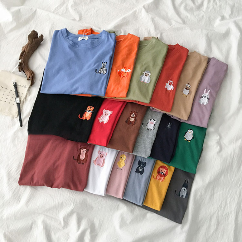 韩国新款动物刺绣圆领衣服女夏宽松学生短袖T恤女休闲上衣