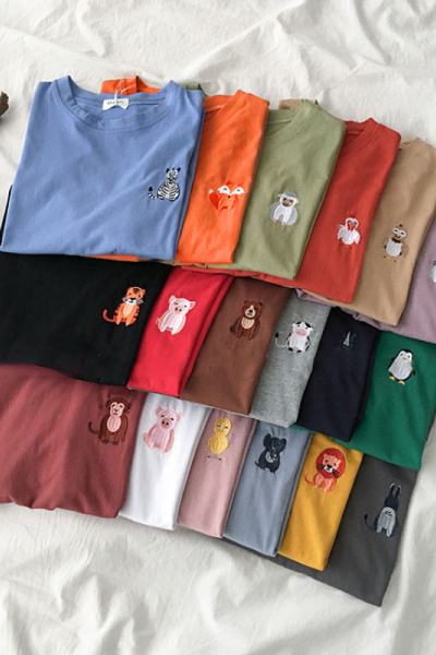 韩国新款动物刺绣圆领衣服女夏宽松学生短袖T恤女休闲上衣