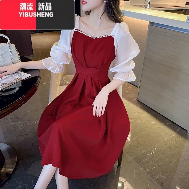 YIBUSHENG法式假两件连衣裙女春季红色小礼服质感高级感气质半袖收腰裙子