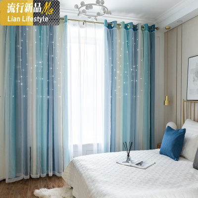 窗帘北欧简约现代客厅卧室少女网红双层窗纱隔热遮阳布全遮光成品 三维工匠
