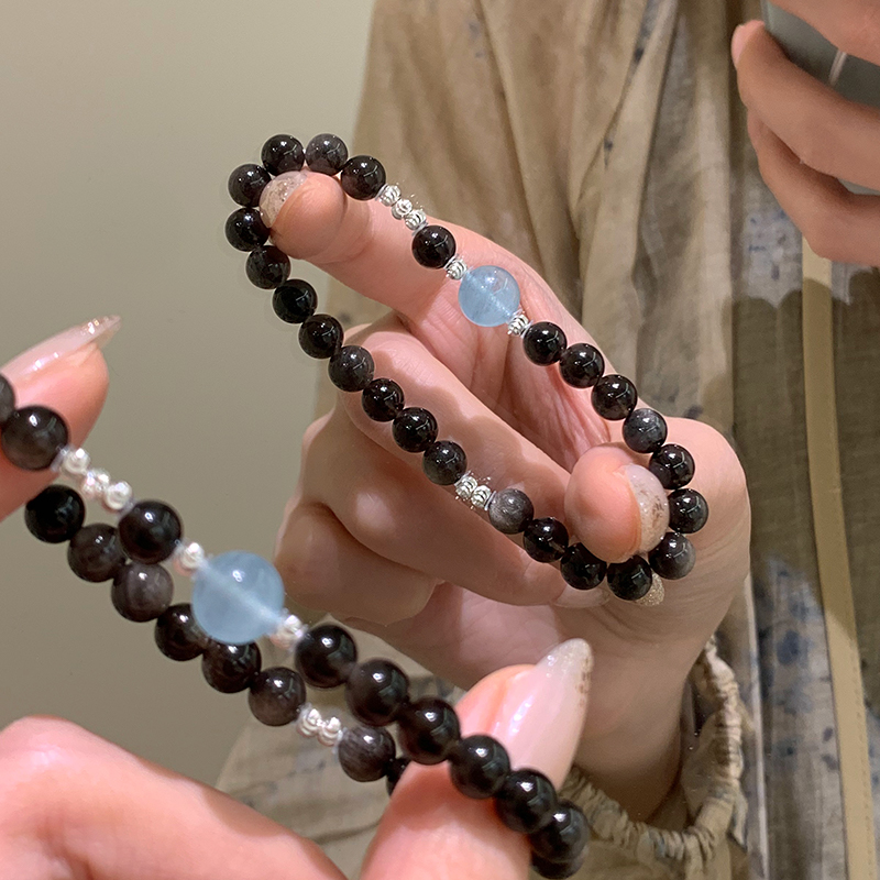 猫眼黑曜石海蓝宝转运珠手链轻奢小众纯天然水晶手串补水配饰送女朋友老婆情人节七夕生日礼物