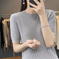 圆领短袖针织衫春夏新款棋盘格半袖韩版短袖修身内搭T恤上衣