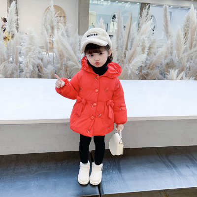 女童碎花棉衣新款4女宝宝中长款棉服花边连帽风衣3冬季5派克服6岁
