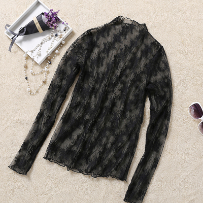 恋名媛微透蕾丝衫打底衫秋冬新款大码透视高领网纱小衫软蕾丝内搭上衣女大码女装