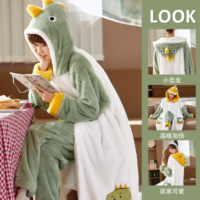 浪莎珊瑚绒睡衣女冬季新款可爱睡袍宽松加厚连帽可外穿家居服套装