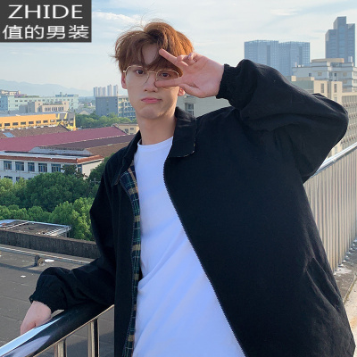 SUNTEK秋季双面穿工装外套男女2020新款中性风休闲格子情侣网红宽松风衣风衣