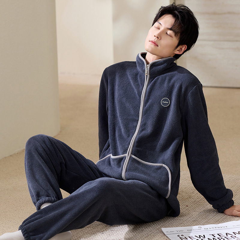 法兰绒睡衣男士冬季双面加绒保暖休闲宽松加大码可外穿加厚家居服