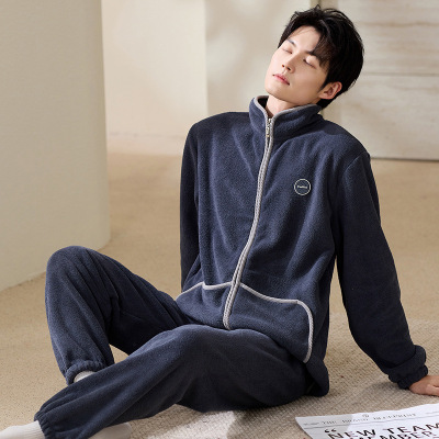 法兰绒睡衣男士冬季双面加绒保暖休闲宽松加大码可外穿加厚家居服