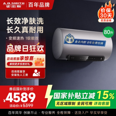 AO史密斯电热水器80升 国家补贴 80吨长效净水洗 免清洗 3kW变频速热 金圭特护 E80ED6