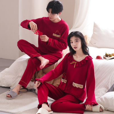 新款啄木鸟情侣睡衣春秋款纯棉长袖本命年红色男女新婚喜庆家居服