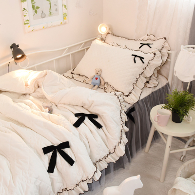 简约韩式小清新秋冬水晶绒加厚绗缝夹棉床罩全棉四件套保暖床裙