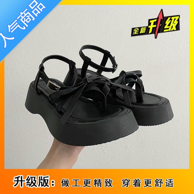 SUNTEK网红黑色百搭高级感厚底凉鞋女2023年新款夏季外穿复古罗马鞋