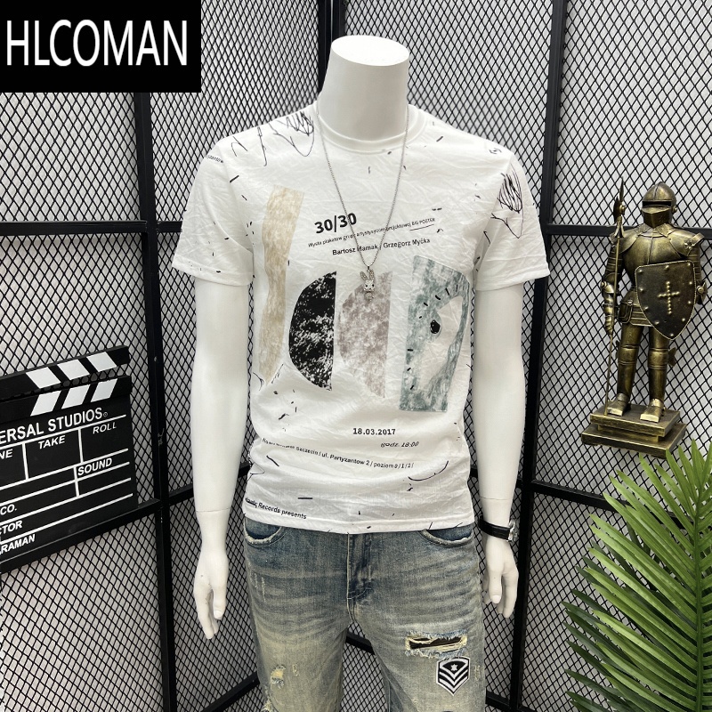HLCOMAN欧货短袖t恤男夏季新款潮牌百搭高端男装ins上衣服修身印花体恤衫