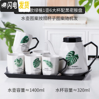 三维工匠简约陶瓷杯具套装家用水壶咖啡杯水具杯子茶具可高温欧式水杯套装 钻纹一壶六杯-大杯绿植黑密胺盘