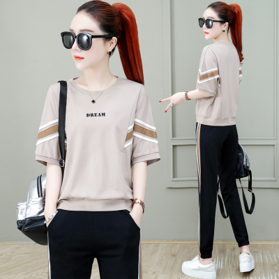 运动套装女夏季2021时尚宽松大码洋气短袖减龄休闲两件套绣彤