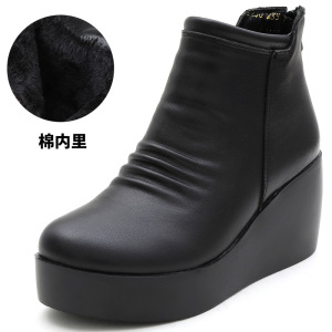 厚底靴女秋冬欧美风简约真皮松糕跟后拉链短靴复古圆头女棉靴