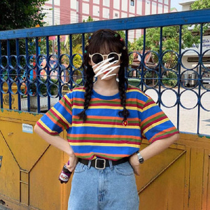 夏装新款韩版休闲宽松条纹花朵短袖T恤女新款学生上衣打底衫