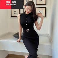 YIBUSHENG 春季名媛气质女人味无袖高腰中长裙弹力针织排扣连衣裙潮