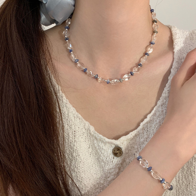 天然白水晶蓝点石纯银项链高级感轻奢小众适合夏天的颈链手链送女朋友老婆情人节七夕生日礼物