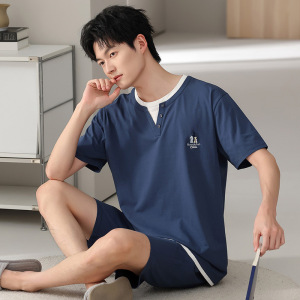 男士睡衣夏季纯棉薄款凉感短袖短裤套头两件套男生家居服大码套装