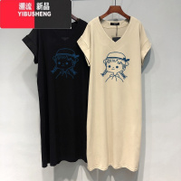 YIBUSHENG大码女装V领t恤裙子季长款过膝短袖连衣裙胖mm遮肚开叉长裙