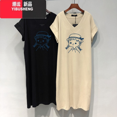 YIBUSHENG大码女装V领t恤裙子季长款过膝短袖连衣裙胖mm遮肚开叉长裙