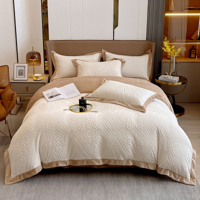 A类纯色婴儿牛奶绒四件套秋冬加厚花牛奶绒床单被套床上四件套