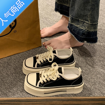 SUNTEK帆布鞋女2023新款夏季韩版百搭复古方头休闲鞋厚底松糕学生单鞋子