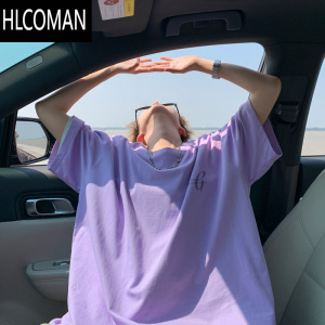 HLCOMAN紫色短袖T恤男生阳光干净多巴胺穿搭宽松7七分袖夏季