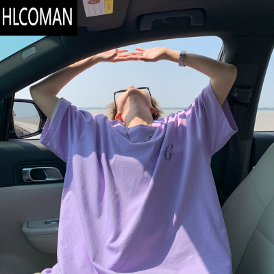 HLCOMAN紫色短袖T恤男生阳光干净多巴胺穿搭宽松7七分袖夏季