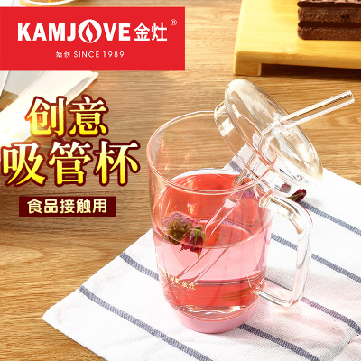 KAMJOVE/ 金灶 AC-100 吸管杯成人 玻璃茶杯 办公室茶具 全玻璃创意花茶杯 带盖玻璃水杯 泡茶杯500ML