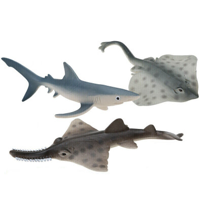 灰鲸抹香鲸大白鲨男孩仿真实心动物套装 鳐鱼 小蓝鲨 锯鳐(三只装)