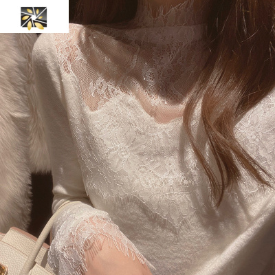 暖青汇春装温柔超仙洋气小衫半高领内搭修身蕾丝打底衫网纱拼接针织上衣蕾丝衫