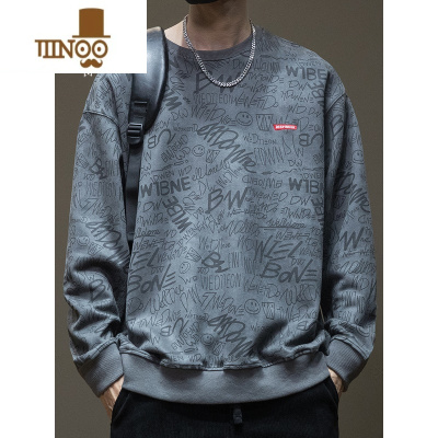 YANXU新款设计感满印无帽卫衣男春季男士加肥加大胖子大码春装