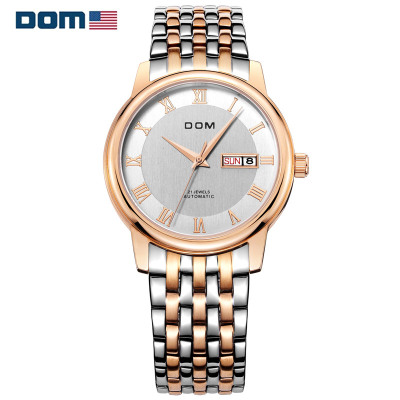 美国DOM/多姆品牌男士手表男自动机械表时尚经典休闲双历精钢商务男表防水男生腕表