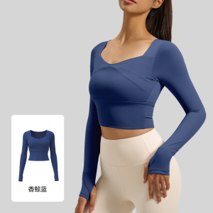 拼接女带胸垫瑜伽服运动上衣健身服透气显瘦跑步健身长袖