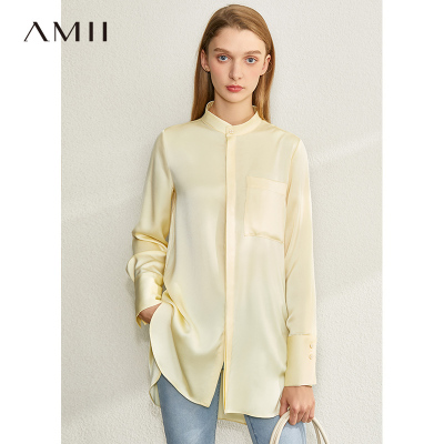 Amii极简设计感小众立领衬衫女2020春新款暗襟中长开衩长袖上衣