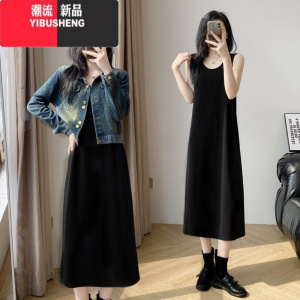 YIBUSHENG早一整套穿搭高级感无袖连衣裙子女牛仔短款外套搭配背心长裙