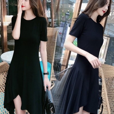 佐丹曼莫代尔新款夏季收腰显瘦黑色连衣裙圆领气质高腰修身不规则A字裙