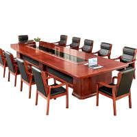 鑫升顺大型油漆会议桌实木黑玻璃长桌办公室桌椅组合工作台3.5米会议桌+12把将椅