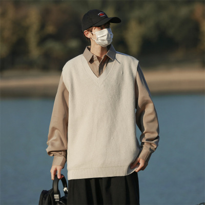 春秋新款毛衣男日系复古百搭休闲针织情侣假两件翻领纯色上衣外套