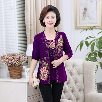 迪鲁奥(DILUAO)同款[品质保障]妈妈秋装假两件外套打底衫新款秋季上衣中年女40岁50绣花上衣新款女装