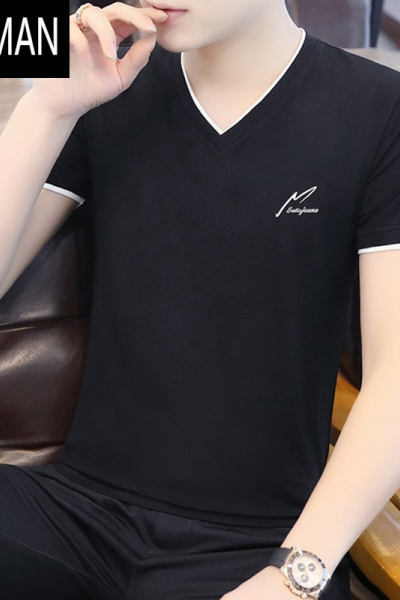 HLCOMAN夏装男士短袖T恤v鸡心领百搭上衣服半袖男装休闲丅恤修身体恤