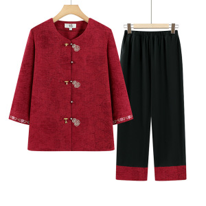 中式奶奶装新款夏装两件套60岁七分袖老年套装女大码宽松衣服80岁