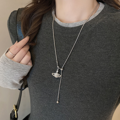2024新款珍珠土星吊坠项链高级感抽拉可调节秋冬钛钢毛衣链配饰女送女朋友老婆情人节七夕生日礼物